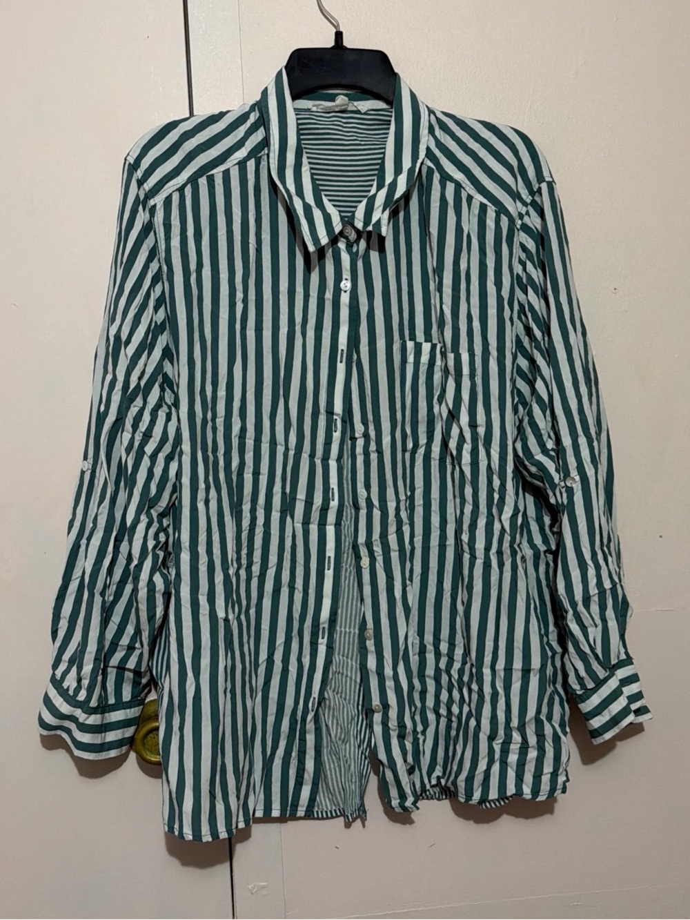 Jane and Delancey Green and White Vertical Stripe Button-Down Shirt